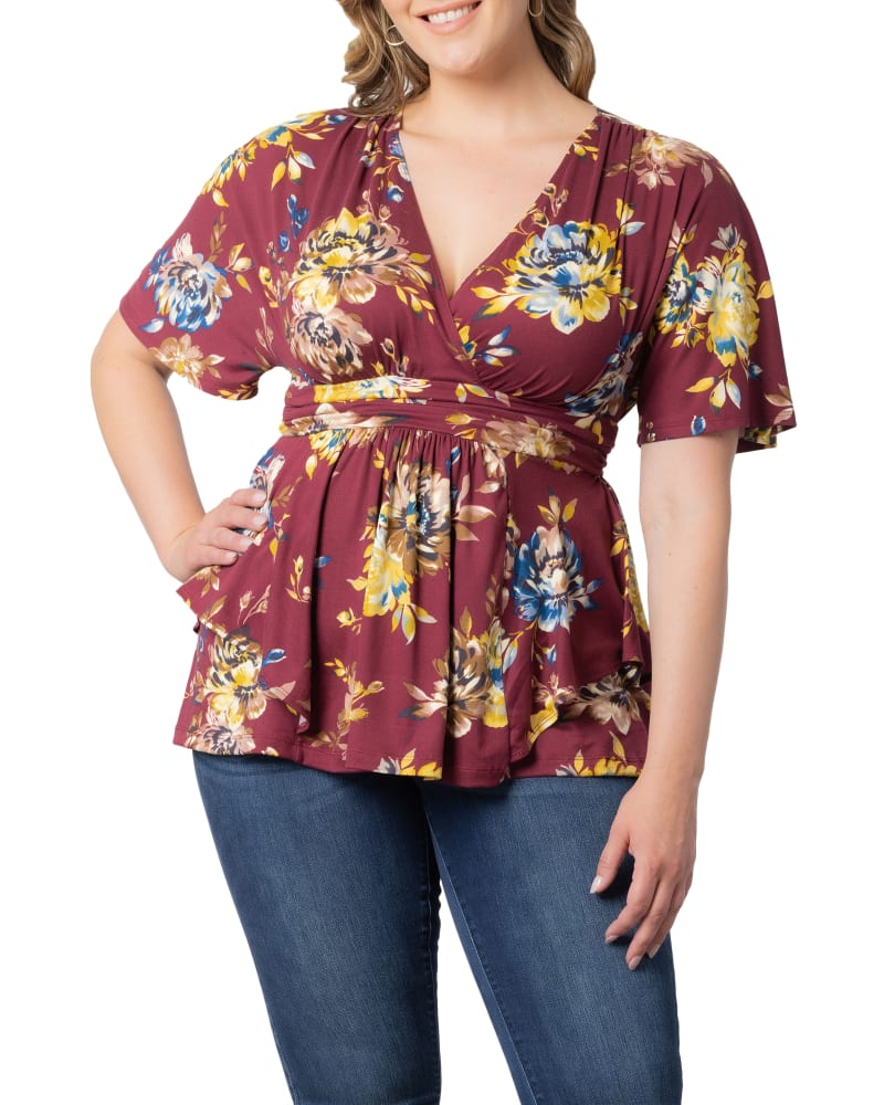 Front of a model wearing a size 1X Encore Print Top in BORDEAUX BLOOMS by Kiyonna. | dia_product_style_image_id:312490